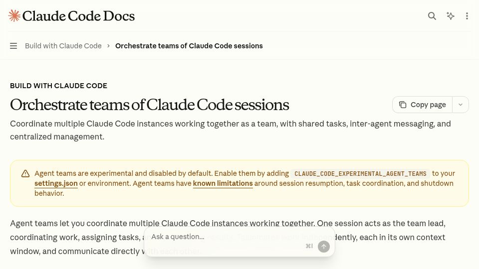 Screenshot of code.claude.com: Orchestrate teams of Claude Code sessions