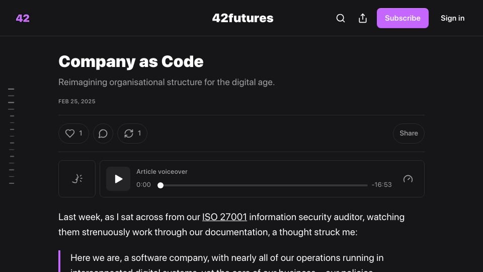 Screenshot of blog.42futures.com: Company as Code
