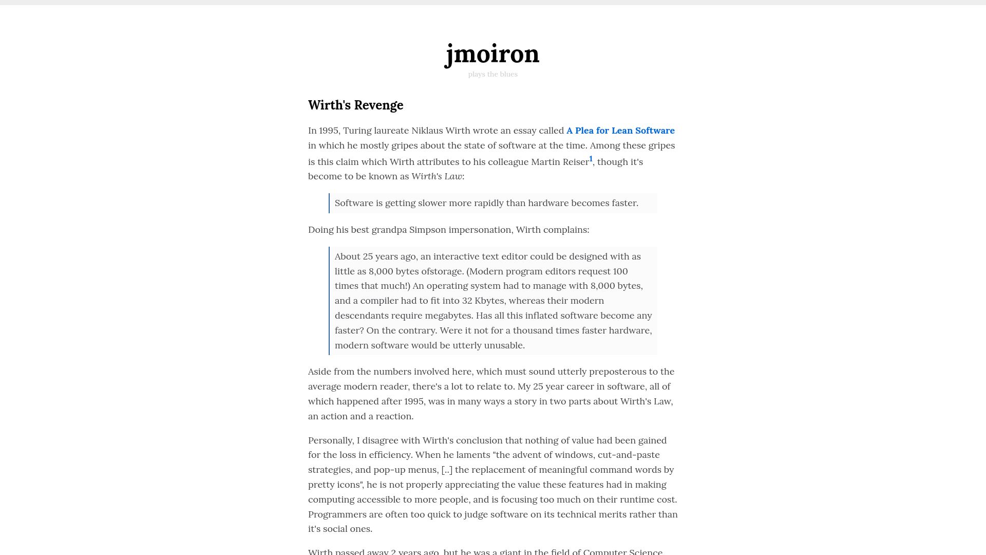 Screenshot of jmoiron.net: Wirth's Revenge