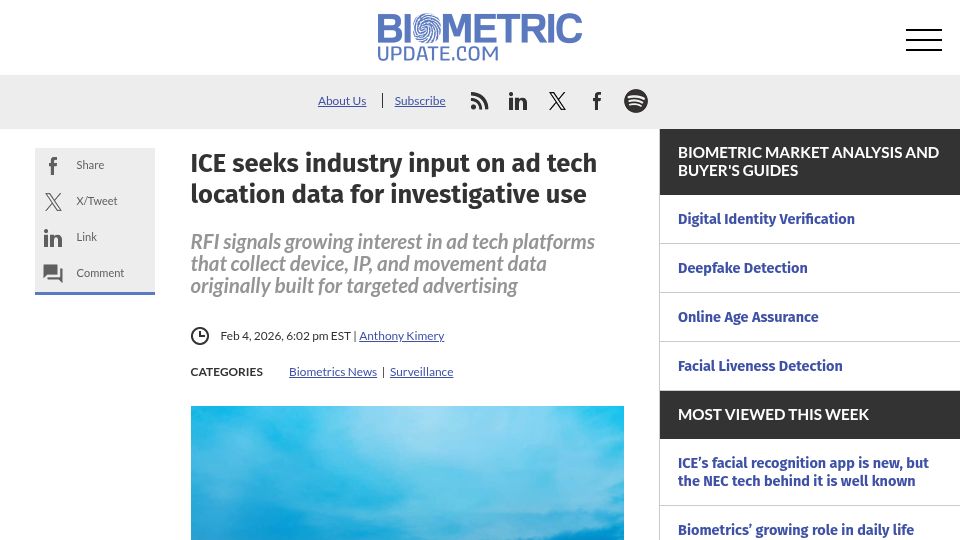 Screenshot of biometricupdate.com: ICE seeks industry input on ad tech location data for investigative use