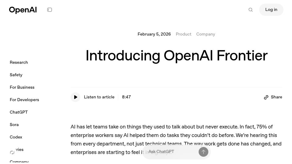 Screenshot of openai.com: OpenAI Frontier