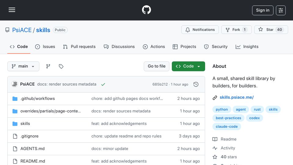 Screenshot of github.com: PsiACE/Skills – A small, shared skill library