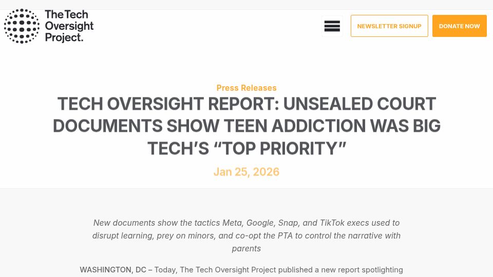 Screenshot of techoversight.org: Unsealed court documents show teen addiction was big tech's "top priority"