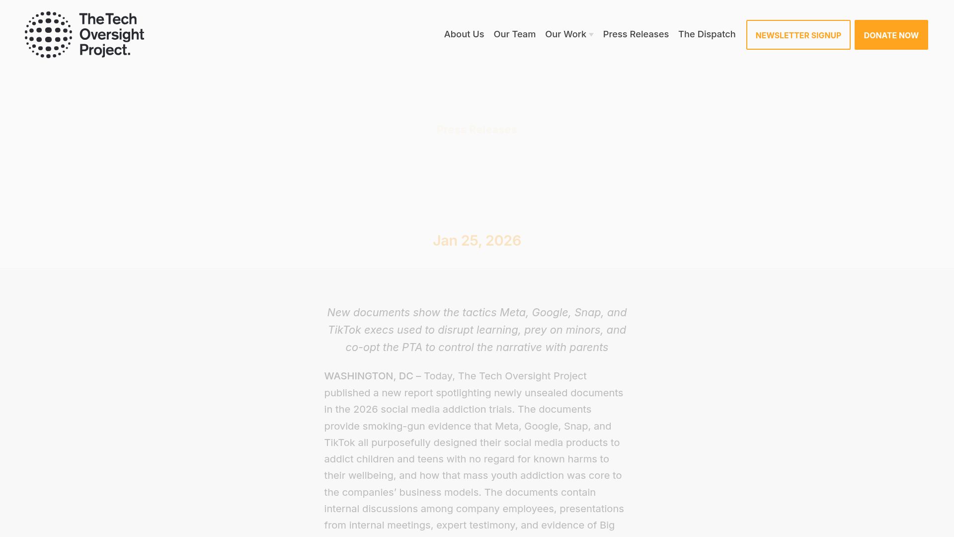Screenshot of techoversight.org: Unsealed court documents show teen addiction was big tech's "top priority"