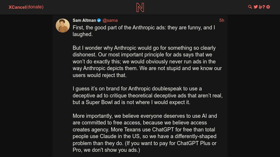 Screenshot of xcancel.com: Sam Altman responds to Anthropic's "Ads are coming to AI. But not to Claude" ads