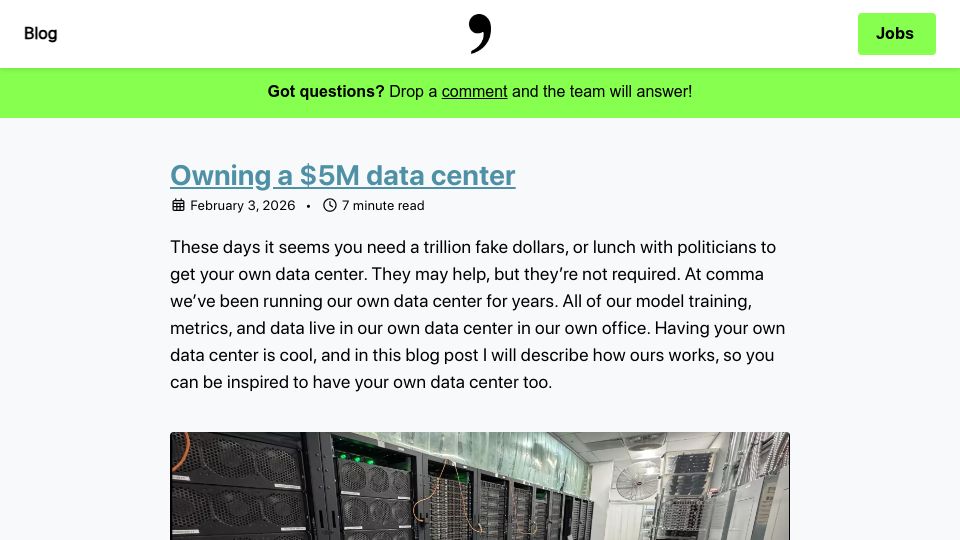 Screenshot of blog.comma.ai: Don't rent the cloud, own instead