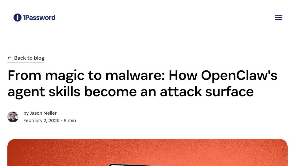 Screenshot of 1password.com: Top downloaded skill in ClawHub contains malware