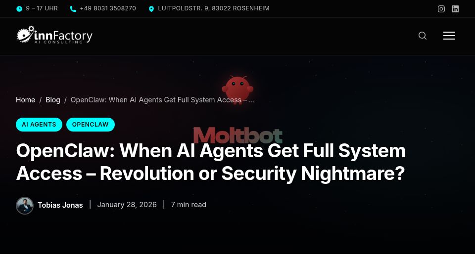 Screenshot of innfactory.ai: OpenClaw: When AI Agents Get Full System Access. Security nightmare?