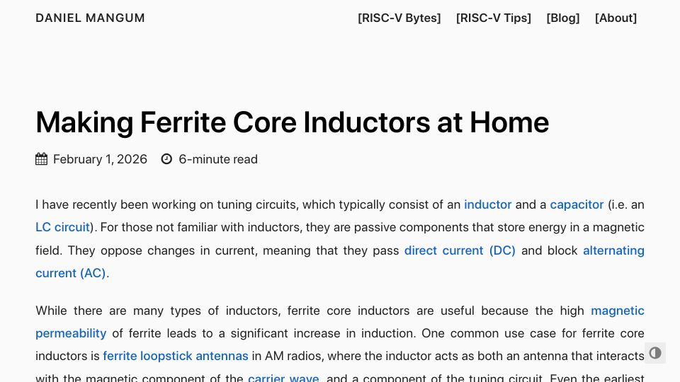 Screenshot of danielmangum.com: Making Ferrite Core Inductors at Home