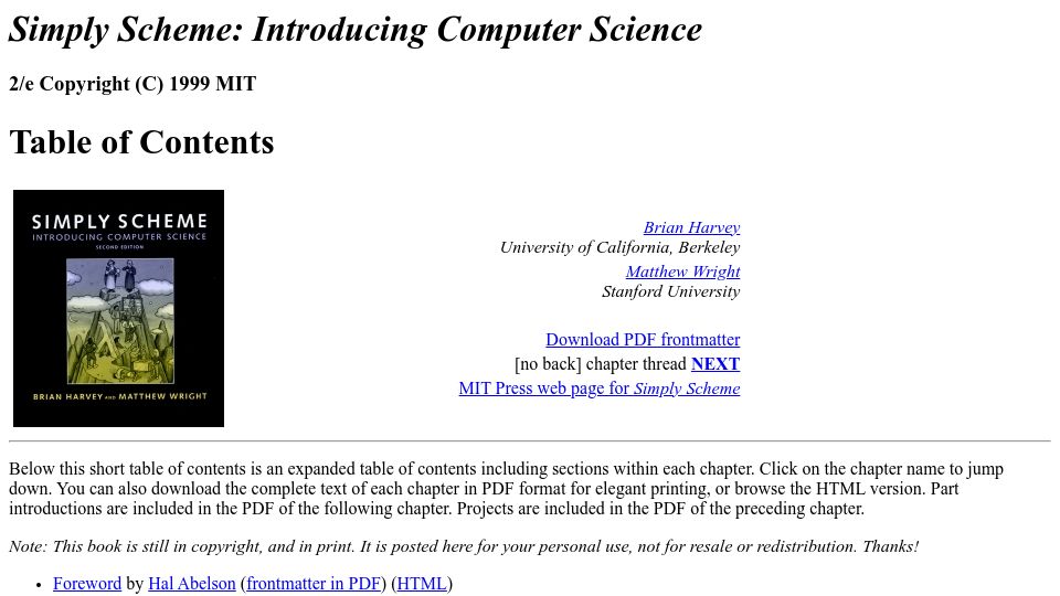 Screenshot of people.eecs.berkeley.edu: Simply Scheme: Introducing Computer Science (1999)