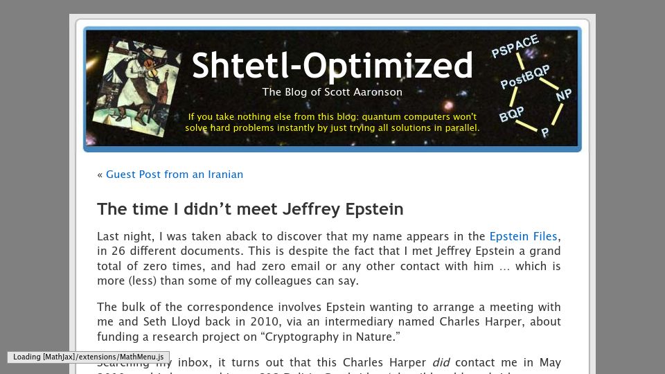 Screenshot of scottaaronson.blog: The time I didn't meet Jeffrey Epstein