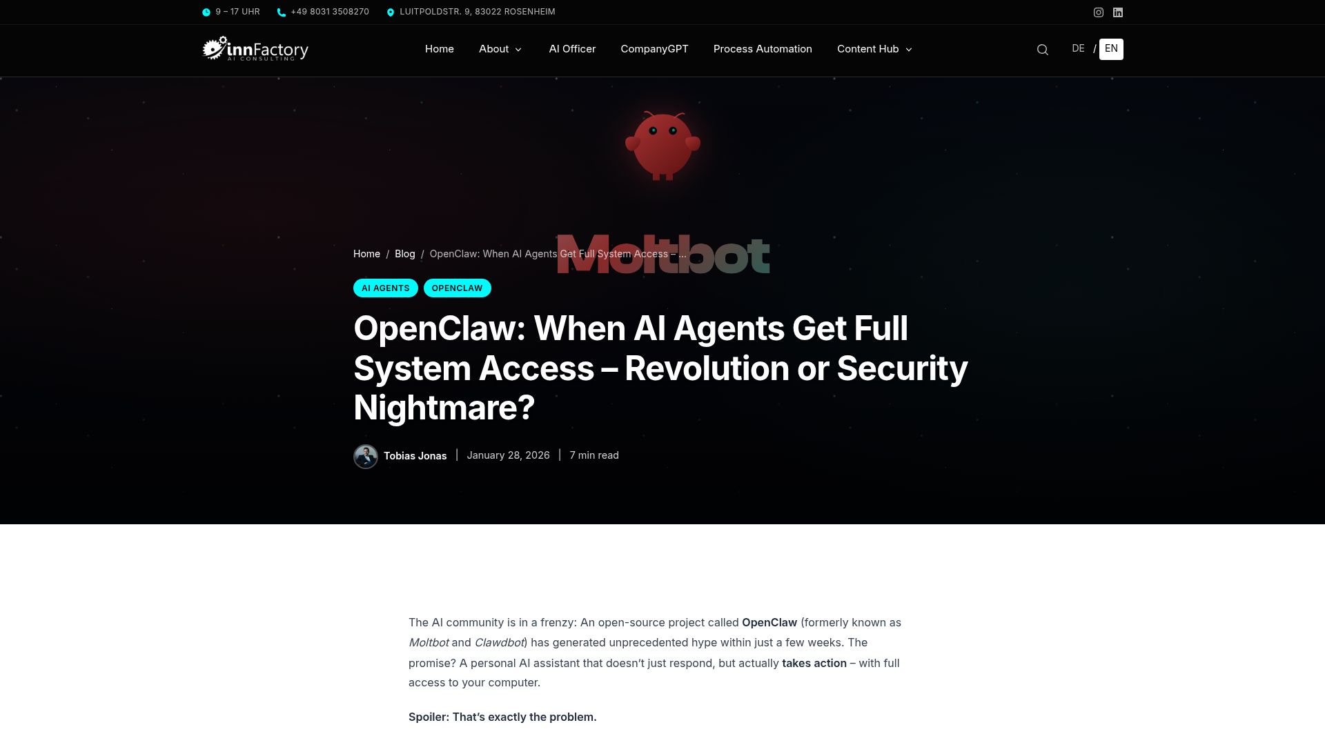 Screenshot of innfactory.ai: OpenClaw: When AI Agents Get Full System Access. Security nightmare?