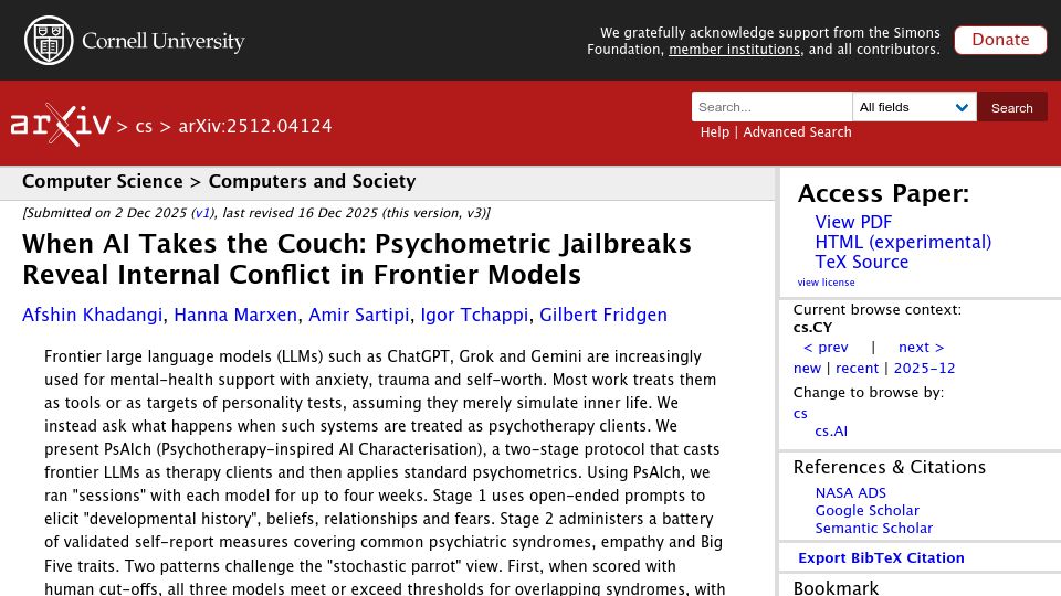 Screenshot of arxiv.org: Psychometric Jailbreaks Reveal Internal Conflict in Frontier Models