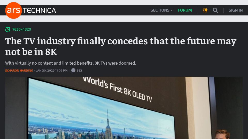 Screenshot of arstechnica.com: The TV industry concedes that the future may not be in 8K