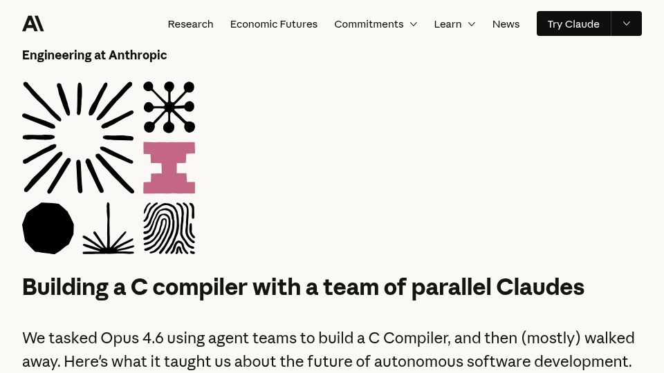 Screenshot of anthropic.com: We tasked Opus 4.6 using agent teams to build a C Compiler