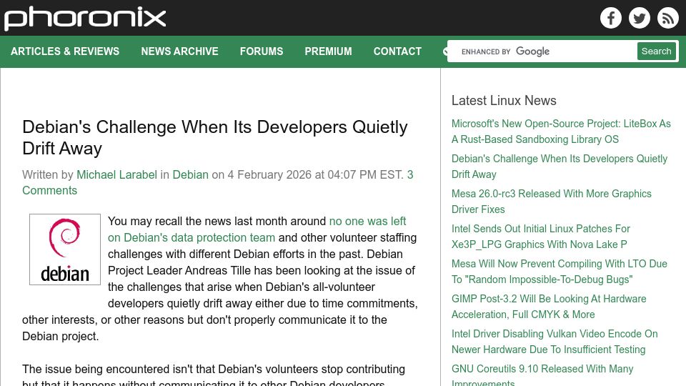 Screenshot of phoronix.com: Debian's Challenge When Its Developers Drift Away