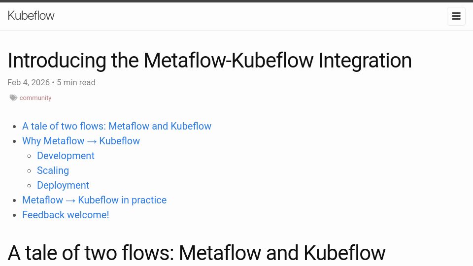 Screenshot of blog.kubeflow.org: A tale of two flows: Metaflow and Kubeflow