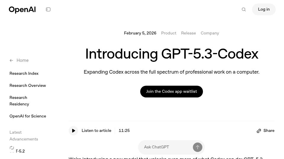 Screenshot of openai.com: GPT-5.3-Codex