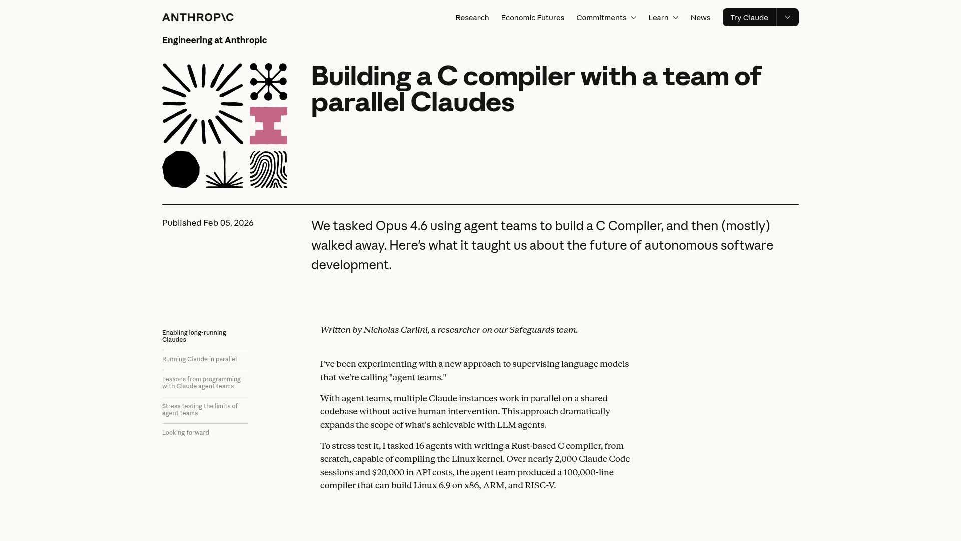 Screenshot of anthropic.com: We tasked Opus 4.6 using agent teams to build a C Compiler