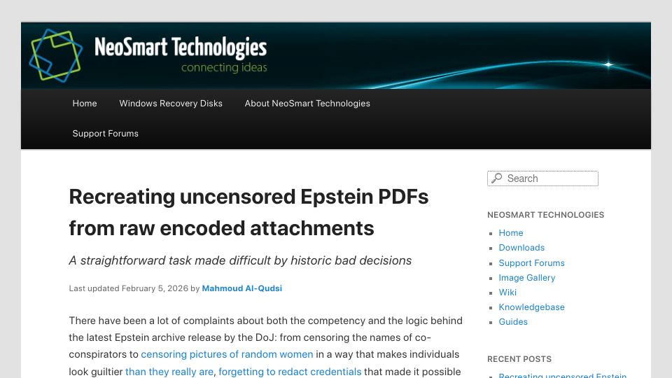Screenshot of neosmart.net: Recreating Epstein PDFs from raw encoded attachments