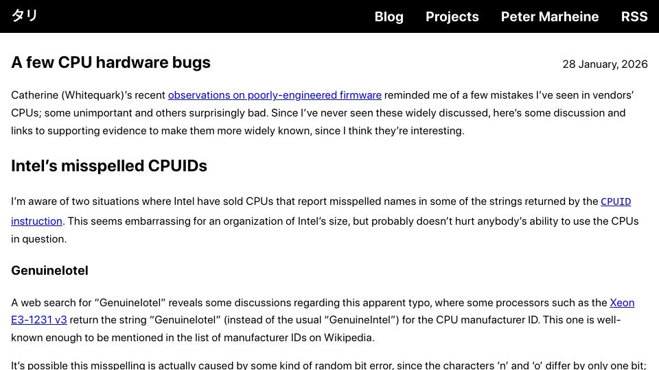 Screenshot of taricorp.net: A few CPU hardware bugs