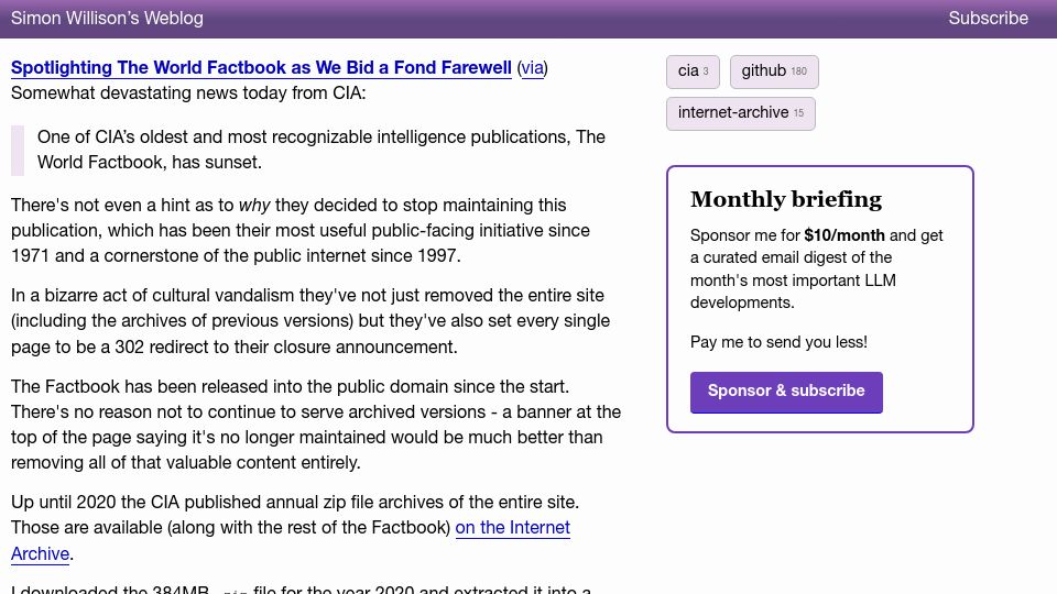 Screenshot of simonwillison.net: CIA suddenly stops publishing, removes archives of The World Factbook
