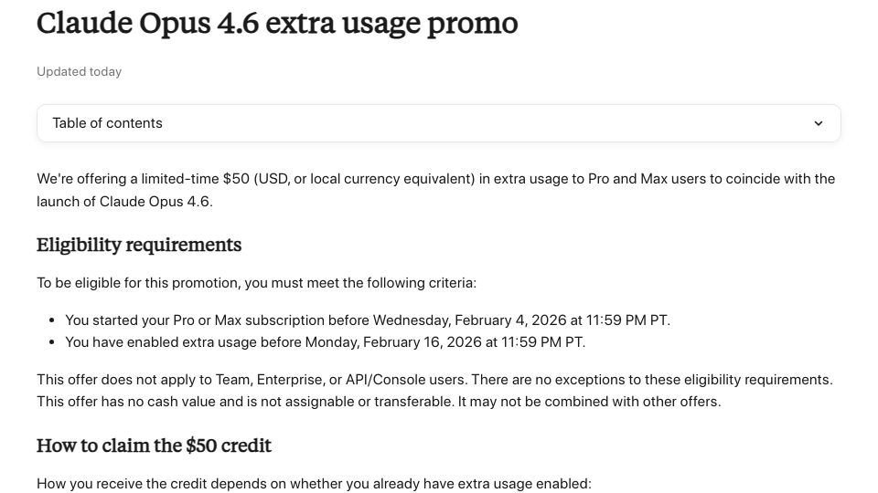 Screenshot of support.claude.com: Claude Opus 4.6 extra usage promo