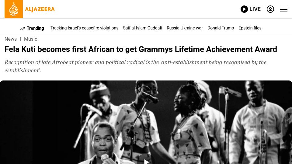Screenshot of aljazeera.com: Fela Kuti First African to Get Grammys Lifetime Achievement Award