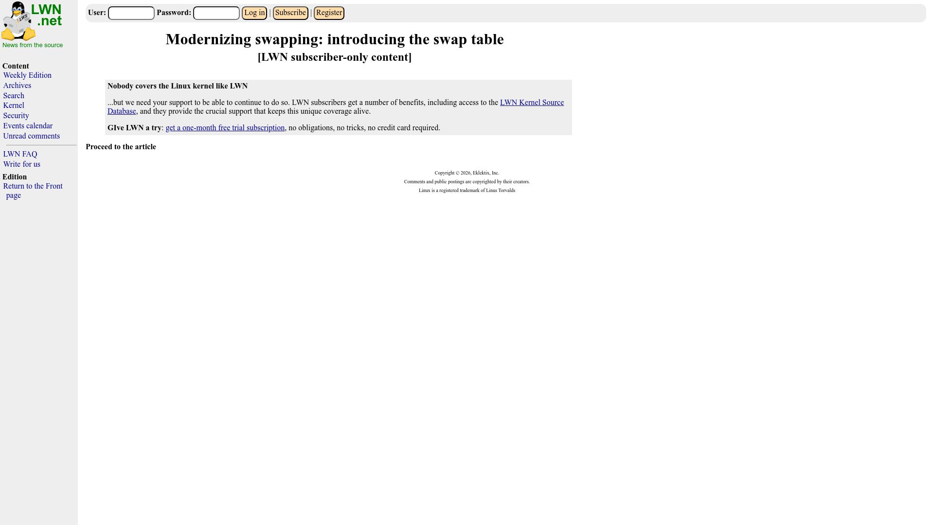 Screenshot of lwn.net: Modernizing Linux swapping: introducing the swap table