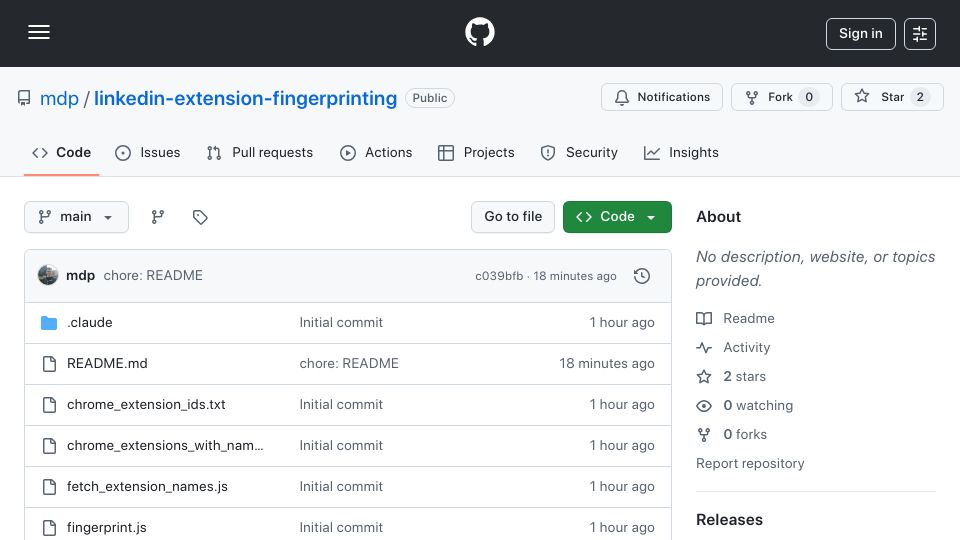 Screenshot of github.com: LinkedIn checks for 2953 browser extensions