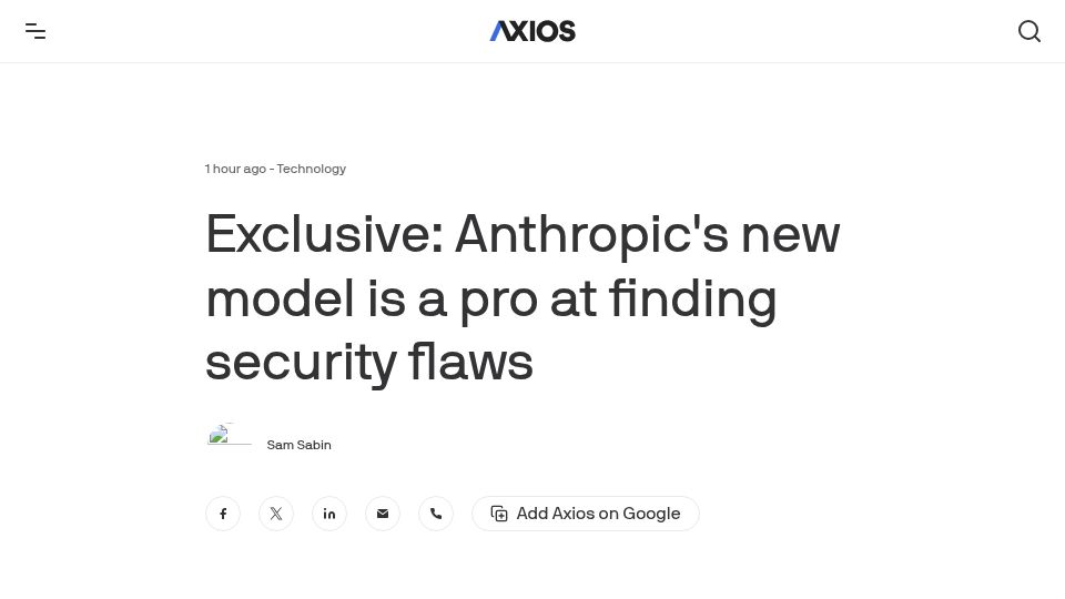 Screenshot of axios.com: Opus 4.6 uncovers 500 zero-day flaws in open-source code
