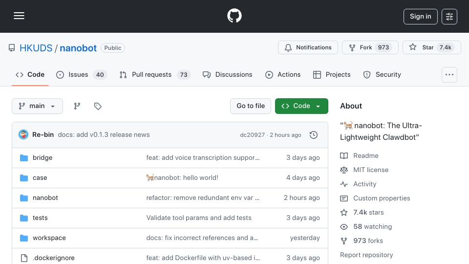 Screenshot of github.com: Nanobot: Ultra-Lightweight Alternative to OpenClaw
