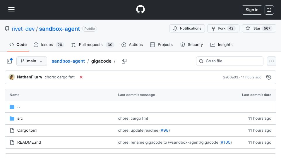 Screenshot of github.com: Show HN: Gigacode – Use OpenCode's UI with Claude Code/Codex/Amp
