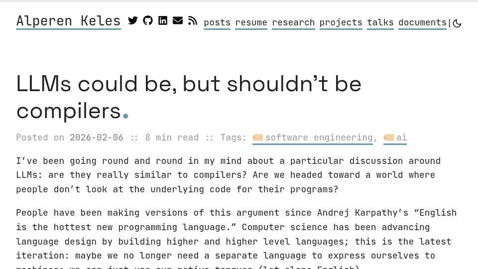 Screenshot of alperenkeles.com: LLMs could be, but shouldn't be compilers