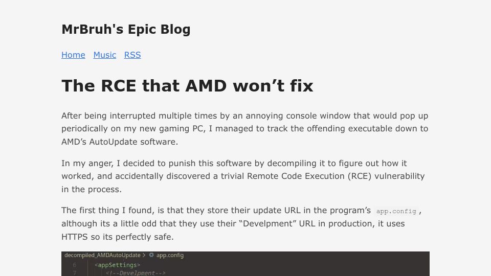 Screenshot of mrbruh.com: The RCE that AMD won't fix