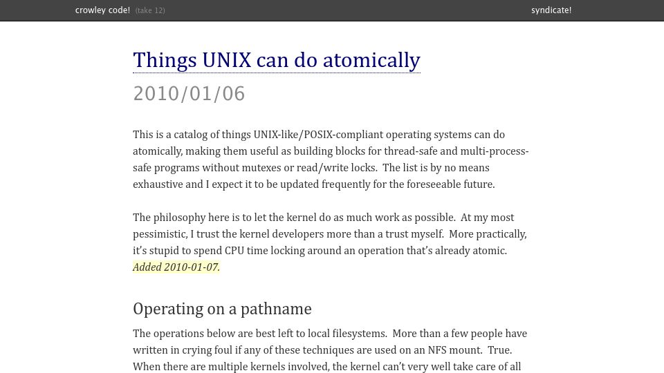 Screenshot of rcrowley.org: Things Unix can do atomically (2010)