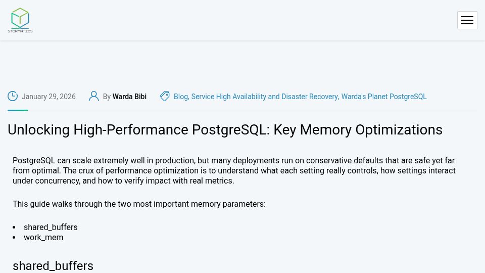 Screenshot of stormatics.tech: Unlocking high-performance PostgreSQL with key memory optimizations