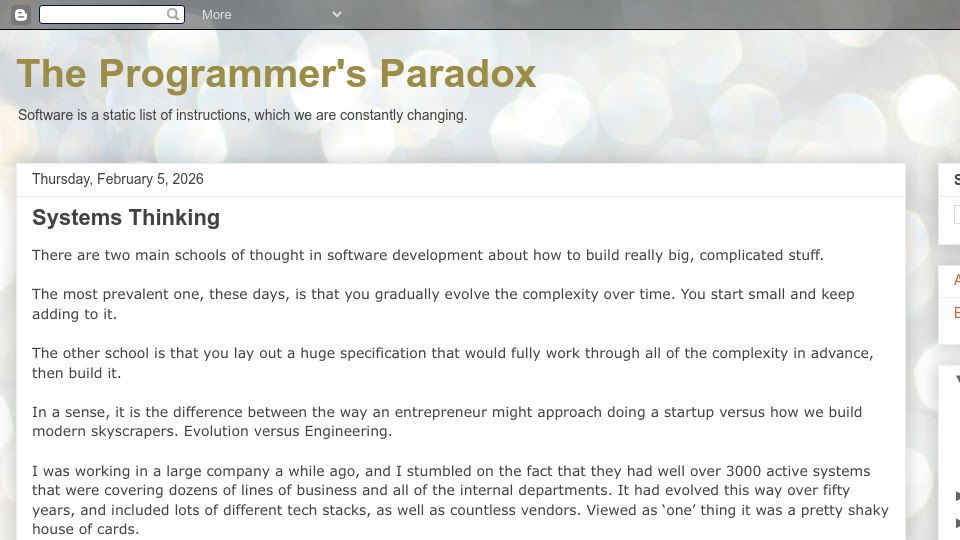 Screenshot of theprogrammersparadox.blogspot.com: Systems Thinking