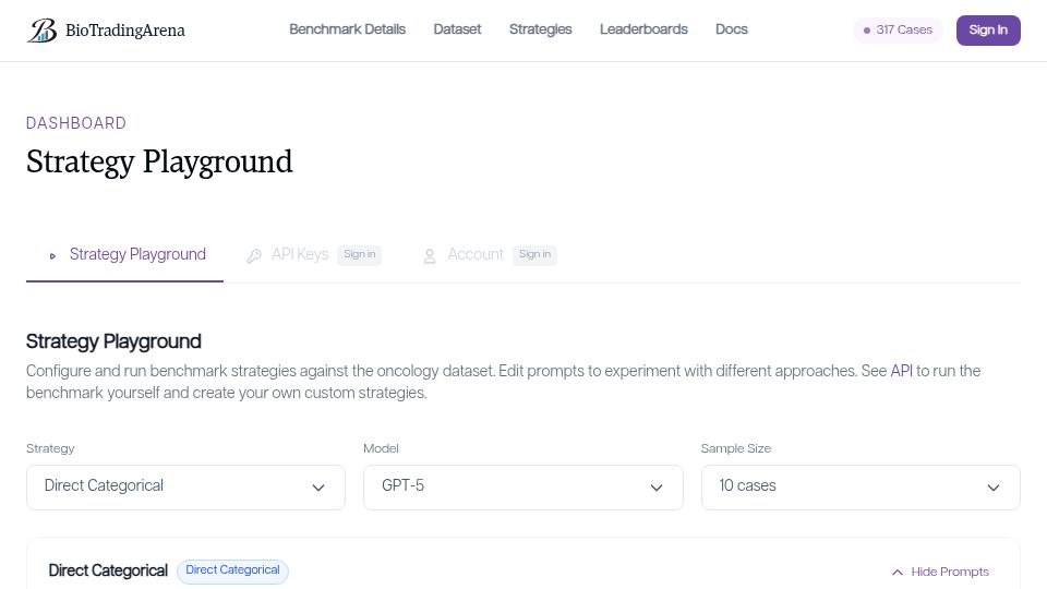 Screenshot of biotradingarena.com: Show HN: BioTradingArena – Benchmark for LLMs to predict biotech stock movements