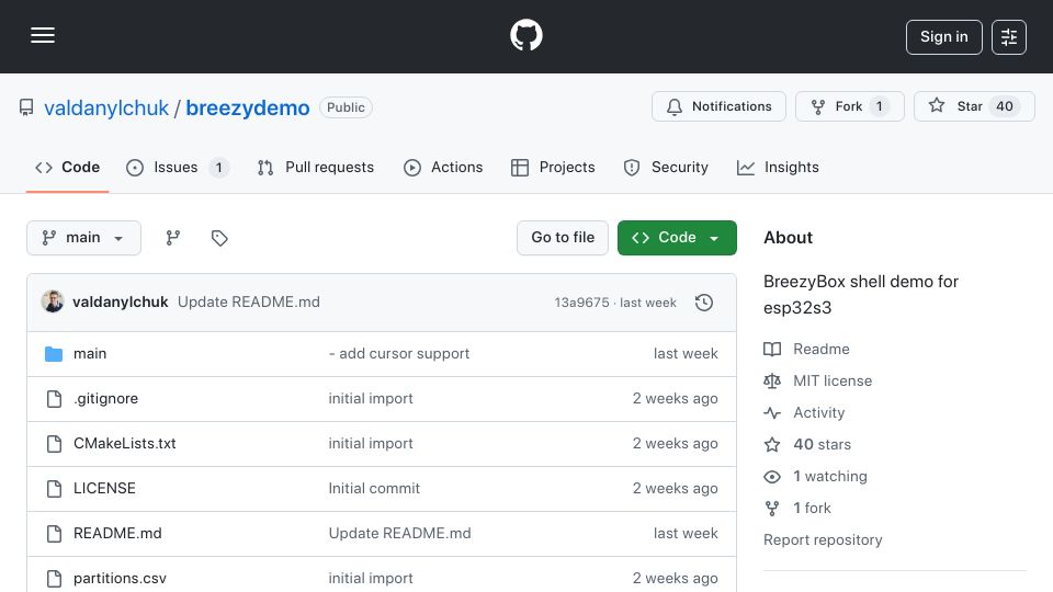 Screenshot of github.com: Show HN: Look Ma, No Linux: Shell, App Installer, Vi, Cc on ESP32-S3 / BreezyBox