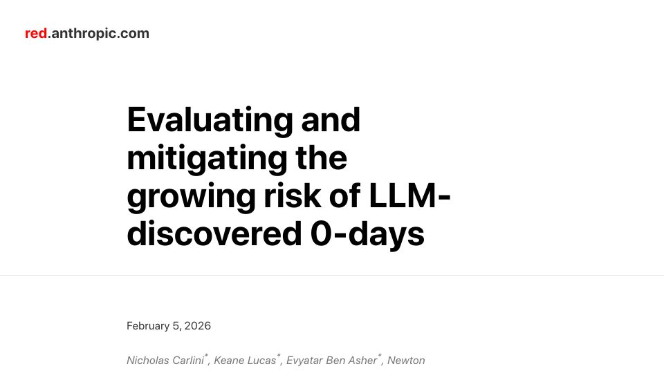 Screenshot of red.anthropic.com: Evaluating and mitigating the growing risk of LLM-discovered 0-days
