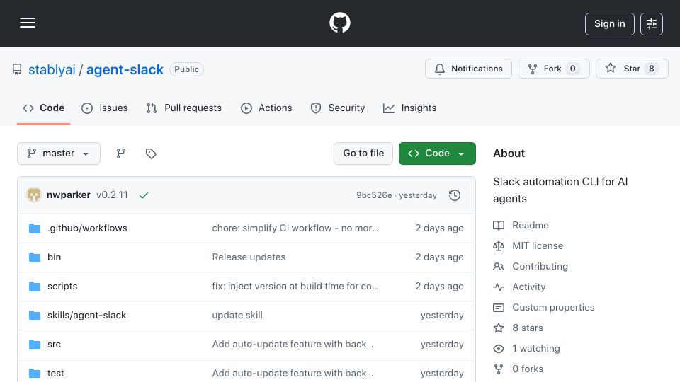 Screenshot of github.com: Show HN: Slack CLI for Agents