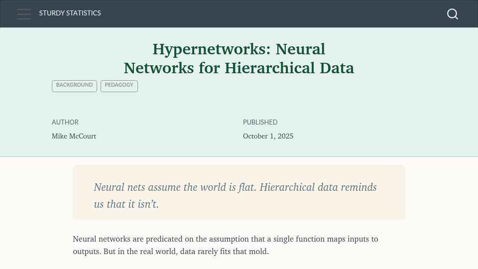 Screenshot of blog.sturdystatistics.com: Hypernetworks: Neural Networks for Hierarchical Data