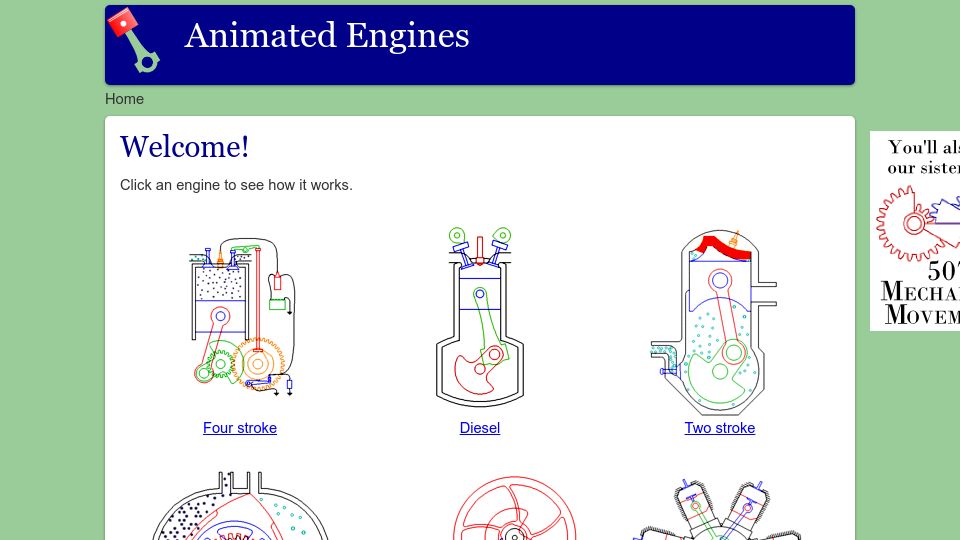 Screenshot of animatedengines.com: Animated Engines