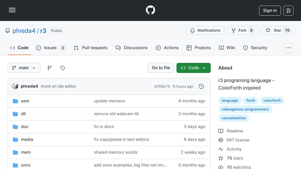 Screenshot of github.com: Show HN: R3forth, a ColorForth-inspired language with a tiny VM