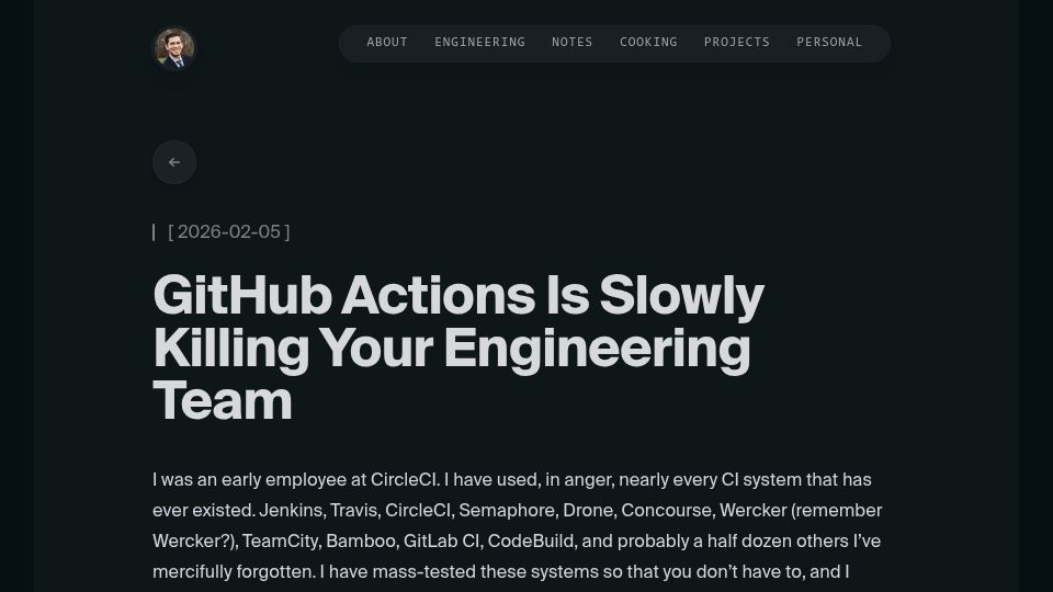 Screenshot of iankduncan.com: GitHub Actions is slowly killing engineering teams