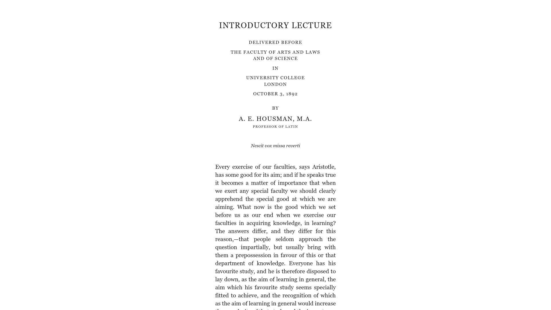 Screenshot of worrydream.com: Housman's Introductory Lecture (1892)