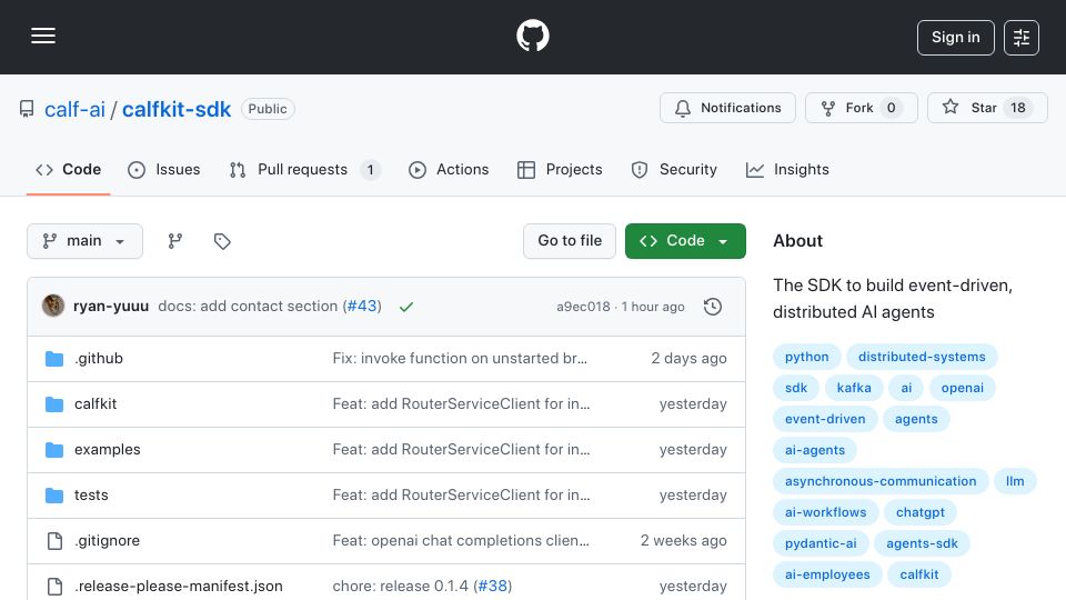 Screenshot of github.com: Show HN: Calfkit – an SDK to build distributed, event-driven AI agents on Kafka