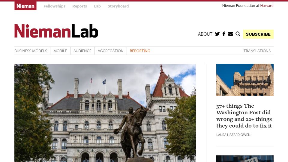 Screenshot of niemanlab.org: A new bill in New York would require disclaimers on AI-generated news content