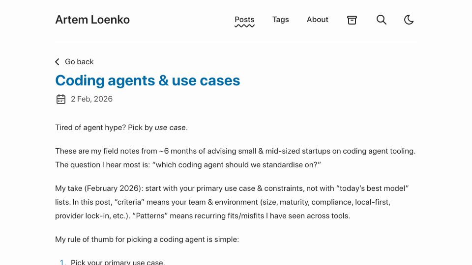 Screenshot of justsitandgrin.im: Coding Agents and Use Cases